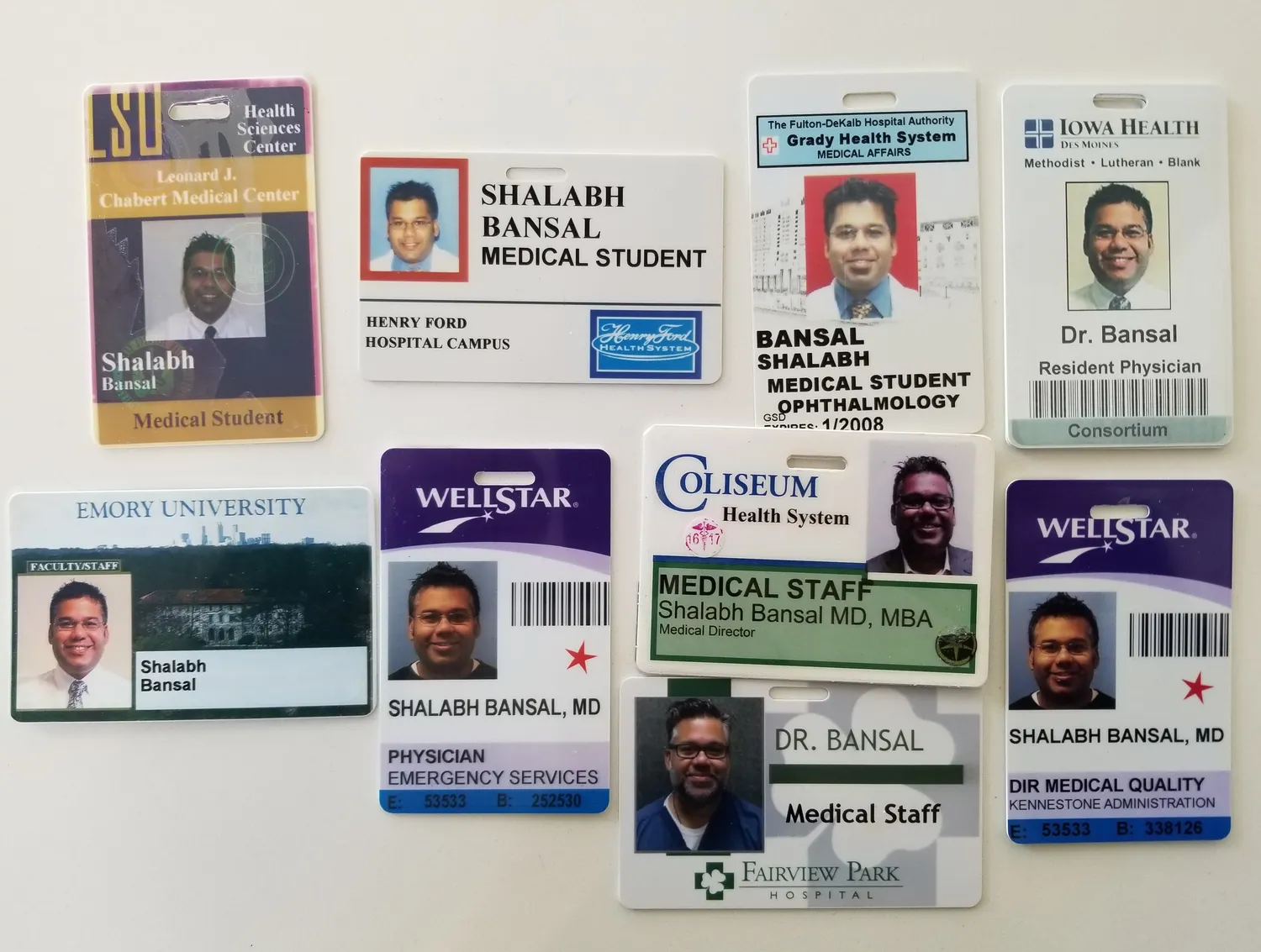 Dr. Mickey's ID badges, from medical student to physician leader