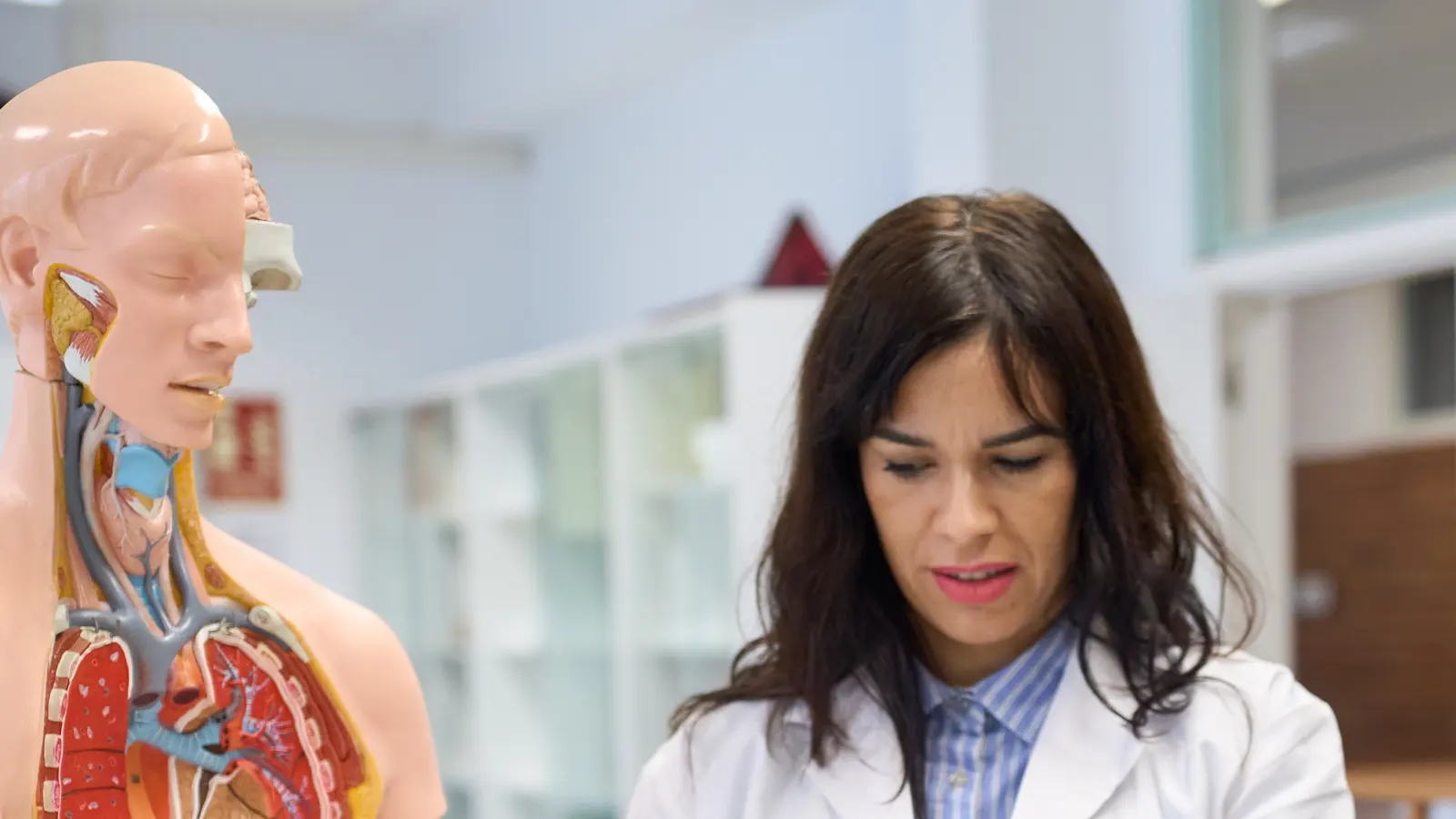 An instructor in a white coat beside an anatomical torso model in a teaching laboratory